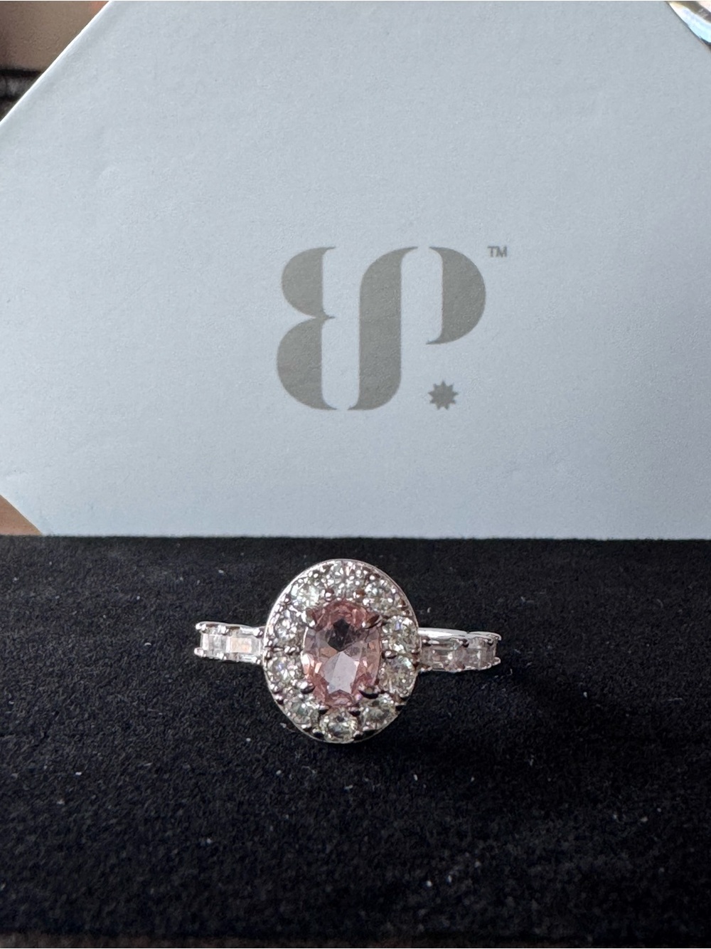 Bomb party sterling silver Pink morganite Oval Halo Ring size 6